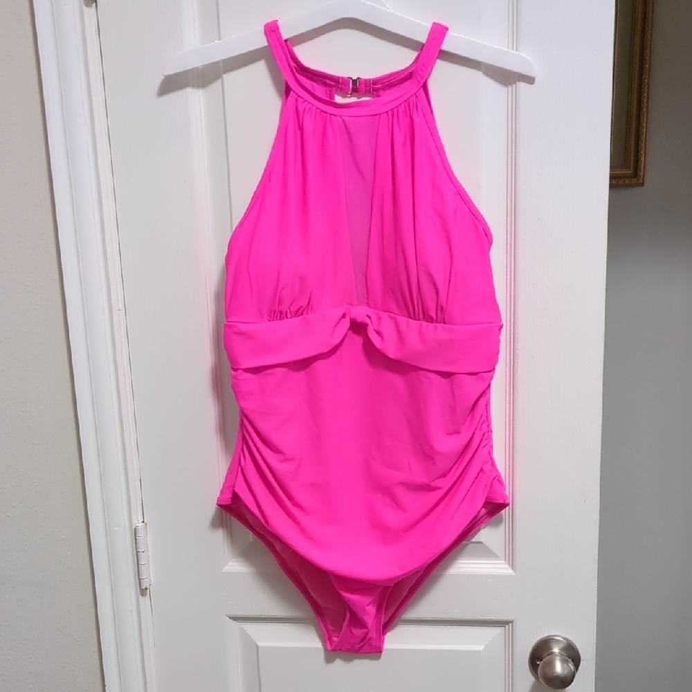 Pink High Neck Mesh Ruched One Piece Swimsuit Size 16W - Picture 3 of 8